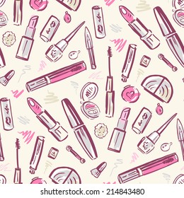 Makeup products set. Cosmetics. Seamless Hand drawn Vector Illustration.