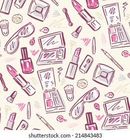 Makeup products set. Cosmetics. Seamless Hand drawn Vector Illustration.