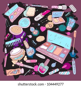 Makeup products set. Hand drawn vector multicolor Illustration