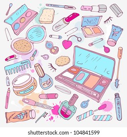 Makeup Products Set. Hand Drawn Vector Illustration.