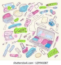 Makeup products set. Hand drawn Vector Illustration.