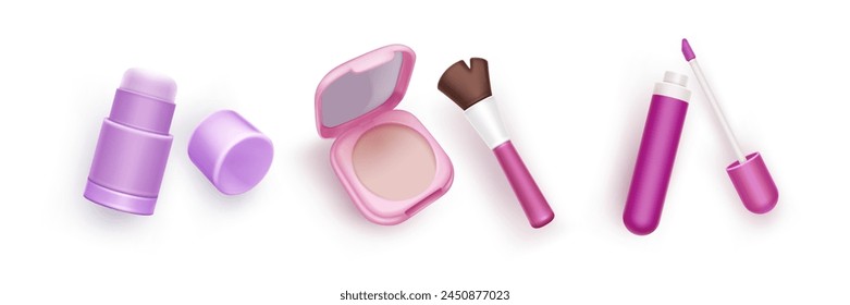 Make-up-Produkte auf weißem Hintergrund eingestellt. Vektorgrafik Realistische Darstellung von 3D-Lippenstift, Pulverbox mit Spiegel und Bürste, Lipgloss-Flasche, Deodorant, Kosmetik, Hautpflege-Kollektion