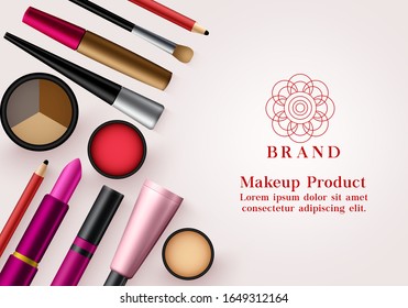 Makeup products vector banner template. Face cosmetics collection for advertising mock up beauty banner design in elegant background. Vector illustration 
