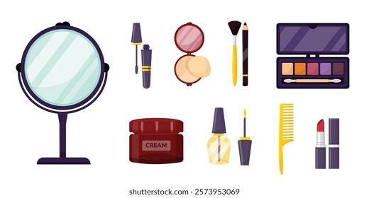 Makeup products vector illustration set. Mascara, pressed powder, eyeliner. Cosmetics, facial makeup pack. Eye shadow, lipstick and mirror. Beauty salon accessories. Women fashion objects.