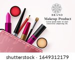 Makeup products vector template banner. Facial cosmetics collection in pink beauty kit for mock up advertising banner in elegant background design. Vector illustration