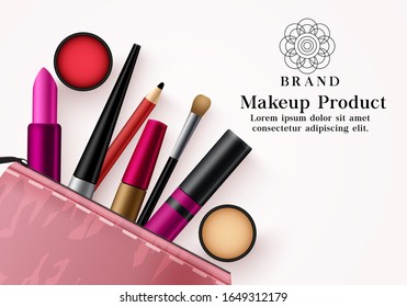 Makeup products vector template banner. Facial cosmetics collection in pink beauty kit for mock up advertising banner in elegant background design. Vector illustration