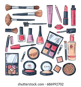 Makeup products for women. Colored hand drawn illustrations of different cosmetic accessories