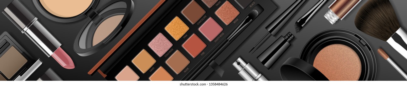 Makeup produkts realistik 3d vector illustration. Face cosmetic flat lay collection isolated on black background. Advertising mock up beauty banner template. Online shop, blog.