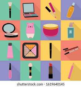 Makeup professional product vector flat icon set.Vector isolated illustration brush ,eyeshadow, lipstick and other cosmetic.Icon set of vakeup.