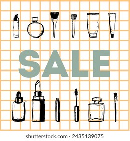 Makeup promotion banner with make up items. Cosmetic products in 80s style
