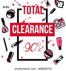 Makeup promotion banner with make up items. Cosmetic products in grunge style