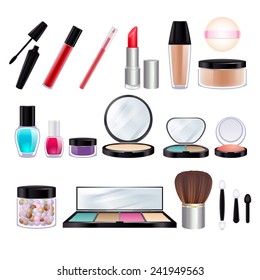 Make-up realistic icons set. Vector illustration. Mascara, lip gloss, eyeliner, foundation, face powder, nail polish, eyeshadow, blush and brushes isolated on white background.