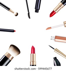 Makeup realistic items set with mascara and lipstick isolated vector illustration