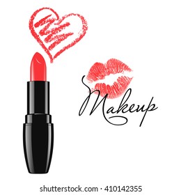 Makeup red lipstick and doodle heart isolated over white background. Cosmetic product design vector illustration