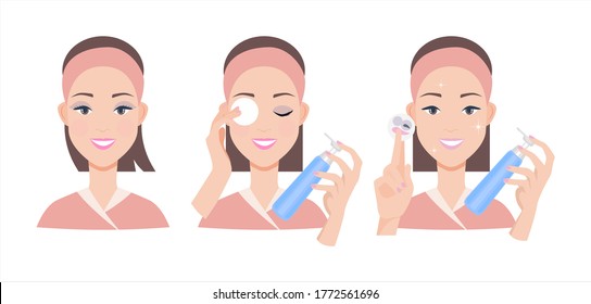Makeup removal. Facial skin care procedures. The girl washes her face with a cotton pad.Make-up remover.