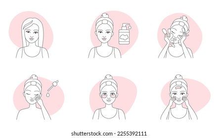 Los iconos de línea delgada de la guía de eliminación de maquillaje establecen la ilustración vectorial. Esbozo de las niñas quitan los productos de belleza de la piel de la cara, usan tejido facial y toallitas de algodón, limpiador y agua para limpiar y cuidar la piel