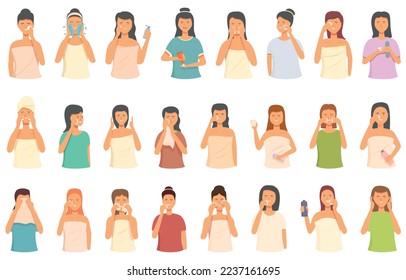 Make-up removal icons set cartoon vector. Face beauty. Mask woman