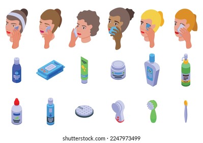 Make-up removal icons set isometric vector. Face beauty remove. Sponge mask