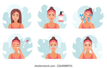 Makeup removal set vector illustration. Cartoon girls remove visage with cleansing gel and water, use cotton pad for cleanliness of skin and eye patches, female characters apply lotion or cream