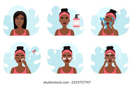 Ilustración del conjunto de eliminación de maquillaje vectorial. Niña de piel oscura quitando el visaje con gel y agua limpiadores, usar toallita de algodón para la limpieza de parches de piel y ojos, los personajes femeninos aplican loción o crema