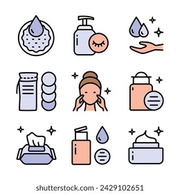 Makeup removal and skin care icons set. Simple style signs set. Face, beauty, health, woman, healthy, mask, clean, girl, cleansing concept. Aesthetic cosmetology icons, vector pictogram of shiny skin,