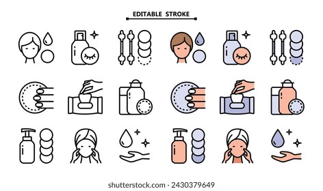 Makeup removal and skin care icons set. Editable stroke. Simple flat style. Face, beauty, health, woman, healthy, mask, clean, fresh, girl, cleansing concept. Vector illustration isolated on white bac