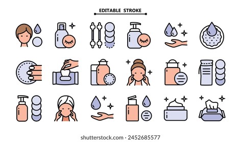 Makeup removal and skin care icons set. Editable stroke. Simple flat style. Face, beauty, health, woman, healthy, mask, clean, girl, cleansing concept. Aesthetic cosmetology line icons collection.
