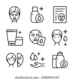 Makeup removal and skin care icons set. Simple outline style. Face, beauty, health, woman, healthy, mask, clean, fresh, girl, cleansing concept. Vector illustration isolated on white background. Aesth