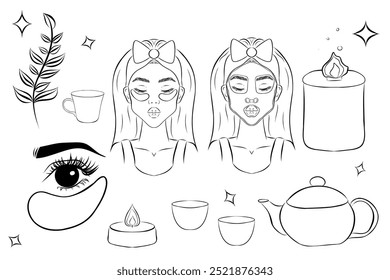 Remoção de maquiagem e ícones de cuidados com a pele definidos. Estilo de contorno simples. Rosto, beleza, saúde, mulher, saudável, máscara, limpo, menina, conceito de limpeza.

