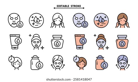 Makeup removal and skin care icons set. Editable stroke. Face, beauty, health, woman, healthy, mask, clean, fresh, girl, cleansing concept. Vector illustration isolated on white background. Aesthetic 