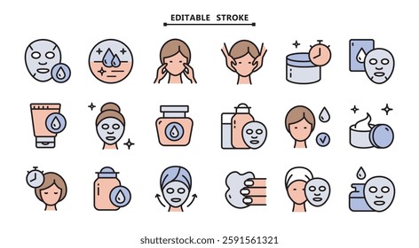 Makeup removal and skin care icons set. Editable stroke. Face, beauty, health, woman, healthy, mask, clean, fresh, girl, cleansing concept. Vector illustration isolated on white background. Aesthetic 