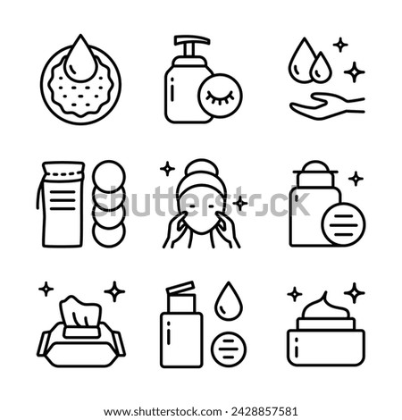 Makeup removal and skin care icons set. Simple outline style. Face, beauty, health, woman, healthy, mask, clean, girl, cleansing concept. Aesthetic cosmetology line icons, vector pictogram of shiny sk