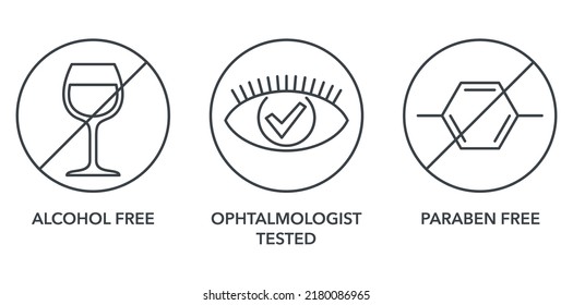 Makeup remover properties icons set - Alcohol free, Ophtalmologist tested and Paraben free