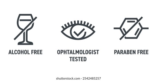 Makeup remover properties icons set - Alcohol free, Ophtalmologist tested and Paraben free. Pictograms in bold line