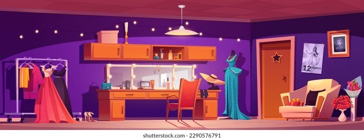 Makeup room for actor dressing with light mirror backstage vector cartoon background. Circus wardrobe with theatrical costume on hanger. Indoor broadway theatrical star studio interior design.