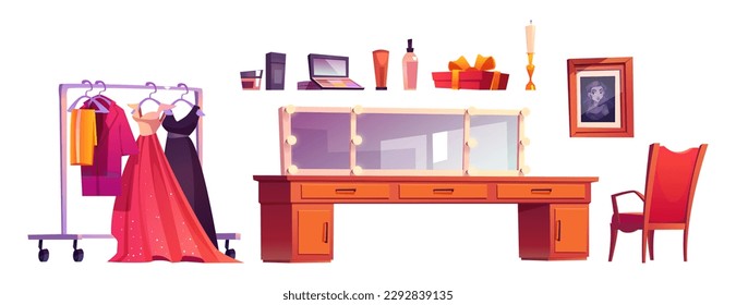 Salón de maquillaje con tocador, espejo y vestidos con colgador. Interior de teatro en segundo plano con mesa de tocador de artista, vestuario, espejo con bombillas y cosméticos, conjunto de dibujos vectoriales