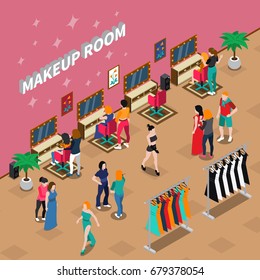 Makeup room fashion industry with models and stylists clothing on racks and interior elements isometric vector illustration