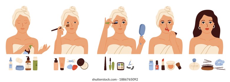 Makeup routine. Beautiful girl model, skin care morning time. Woman use facial cosmetic products, korean serum swanky lipstick vector concept