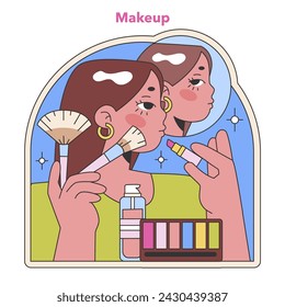 Makeup routine illustration. A detailed depiction of a makeup application process, highlighting the use of brushes and color palettes for a flawless look. The art of cosmetic elegance. Flat vector