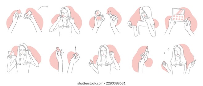 Makeup routine, outline infographic steps set vector illustration. Cartoon isolated girls applying beauty cosmetic products on face skin, eyes and lips, characters use foundation and powder, mascara