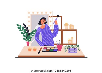 Makeup routine web concept with people scene in flat design. Woman makes glamour makeover using brush and eyeshadow cosmetics standing near mirror. Vector illustration with character situation for web