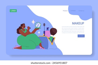 Makeup Routine web or landing. Woman applying beauty products for a fresh look. Preparing for an enjoyable night out. Personal care and cosmetics scene. Flat vector illustration