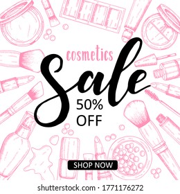 Make-up Sale Hintergrund mit handgezeichnet Lippenstift, Schatten, Lippenglanz, Pulver, Bürste, Creme, Fundament, Mascara, Nagellack, Gel-politur, Bälle, Erröten. 50 % Rabatt auf Kosmetika.Sketch