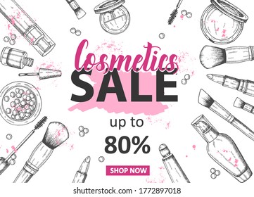 Makeup Sale background with hand drawn lipstick, eyeshadow, lip gloss, powder, brush, cream, foundation, mascara, nail polish, gel polish, blush in balls, blush. 50% off, discounts on cosmetics.Sketch