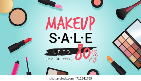 Makeup Sale Banner Vector Illustration. Set of cosmetics on bright blue background. 