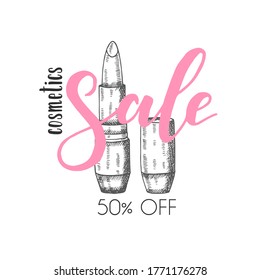 Makeup Sale card with Hand drawn lipstick in sketch style. 50% off Vector makeup engraving illustration with hand made lettering