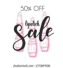 Makeup Sale card with Hand drawn lipstick in sketch style. 50% off Vector makeup engraving illustration with hand made lettering