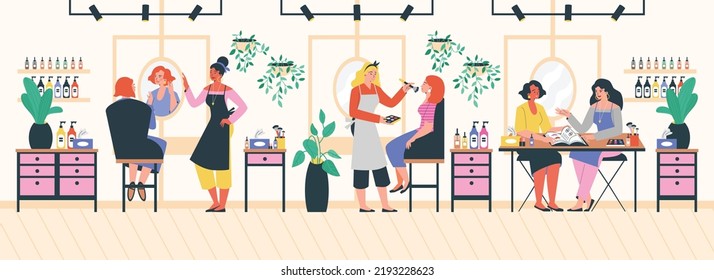 Salón de maquillaje con artistas y clientes de estilo plano, ilustración vectorial. Espejos, mobiliario y sprays cosméticos. Mujeres maquillando a clientes, consultas, belleza y moda