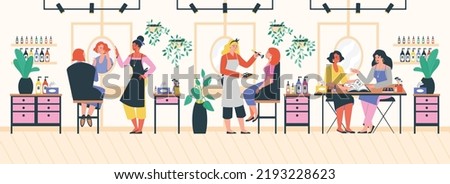 Makeup salon with artists and clients flat style, vector illustration. Mirrors, furniture and cosmetic sprays. Women making makeup to clients, consultation, beauty and fashion