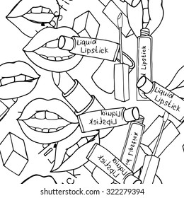Makeup seamless doodle black and white pattern with lipstick